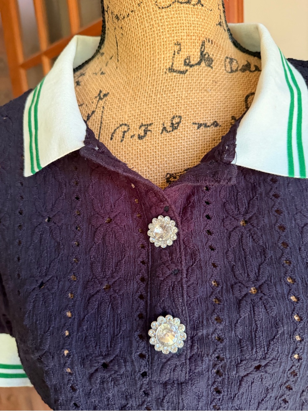 Maeve Navy Eyelet Knit Short Sleeve Polo with White & Green Trim - Picture 4 of 5
